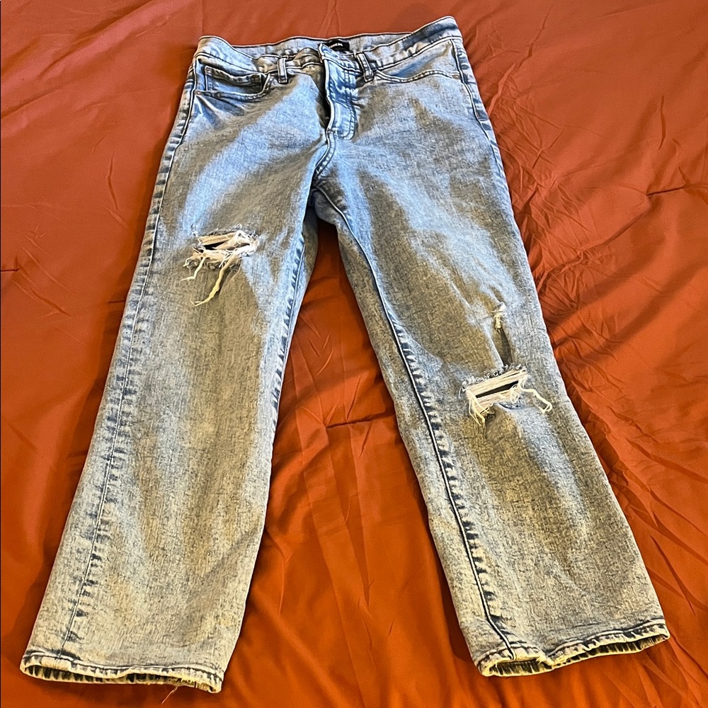 Express Light Blue Distressed Straight Leg Jeans